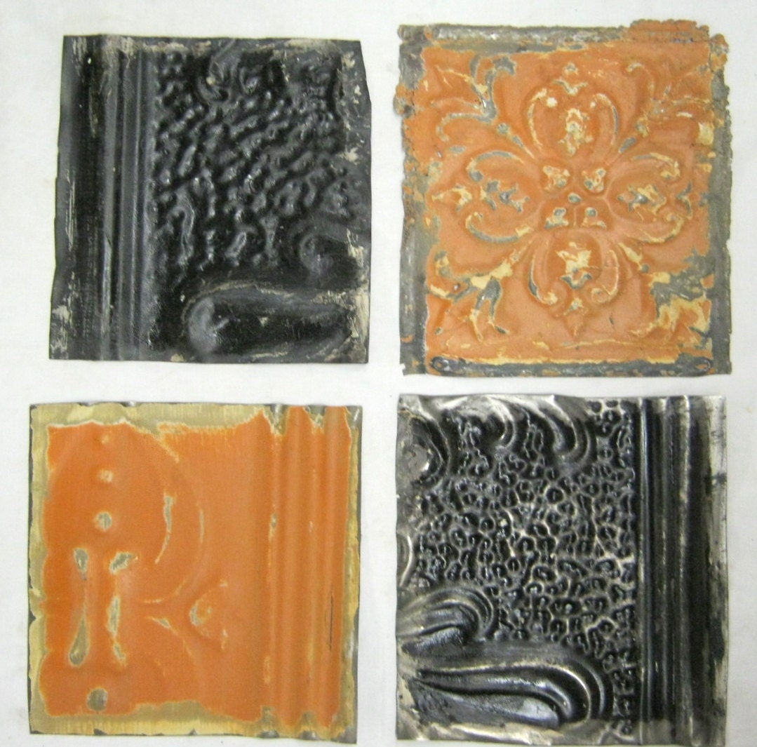 AUTHENTIC Tin Ceiling ORANGE 6x6 Set of 4 Crafts Art Tiles S 1276-13