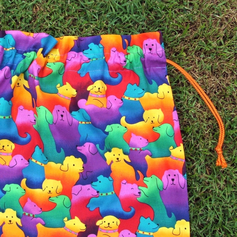 Large library bag rainbow dogs drawstring cotton for toys school storage