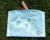 Pencil case or zipped pouch cow pig farm light blue cotton large lined