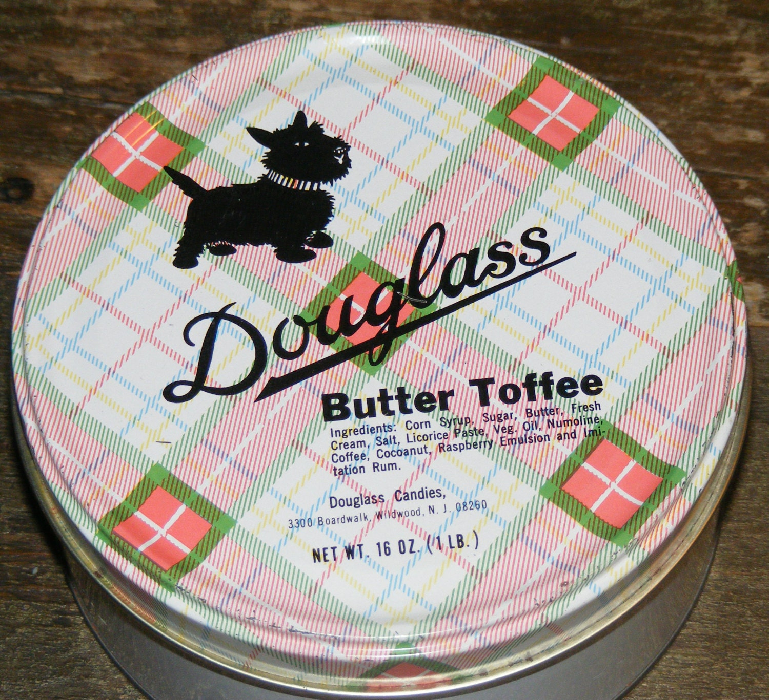 Vintage Mid Century Douglass Butter Toffee Metal Tin Plaid with Scottie Dog