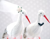 White Crane Love Birds: Unique Bride & Groom Wedding Cake Topper in White, Grey and Orange - Crane, Stork, Heron, Egret