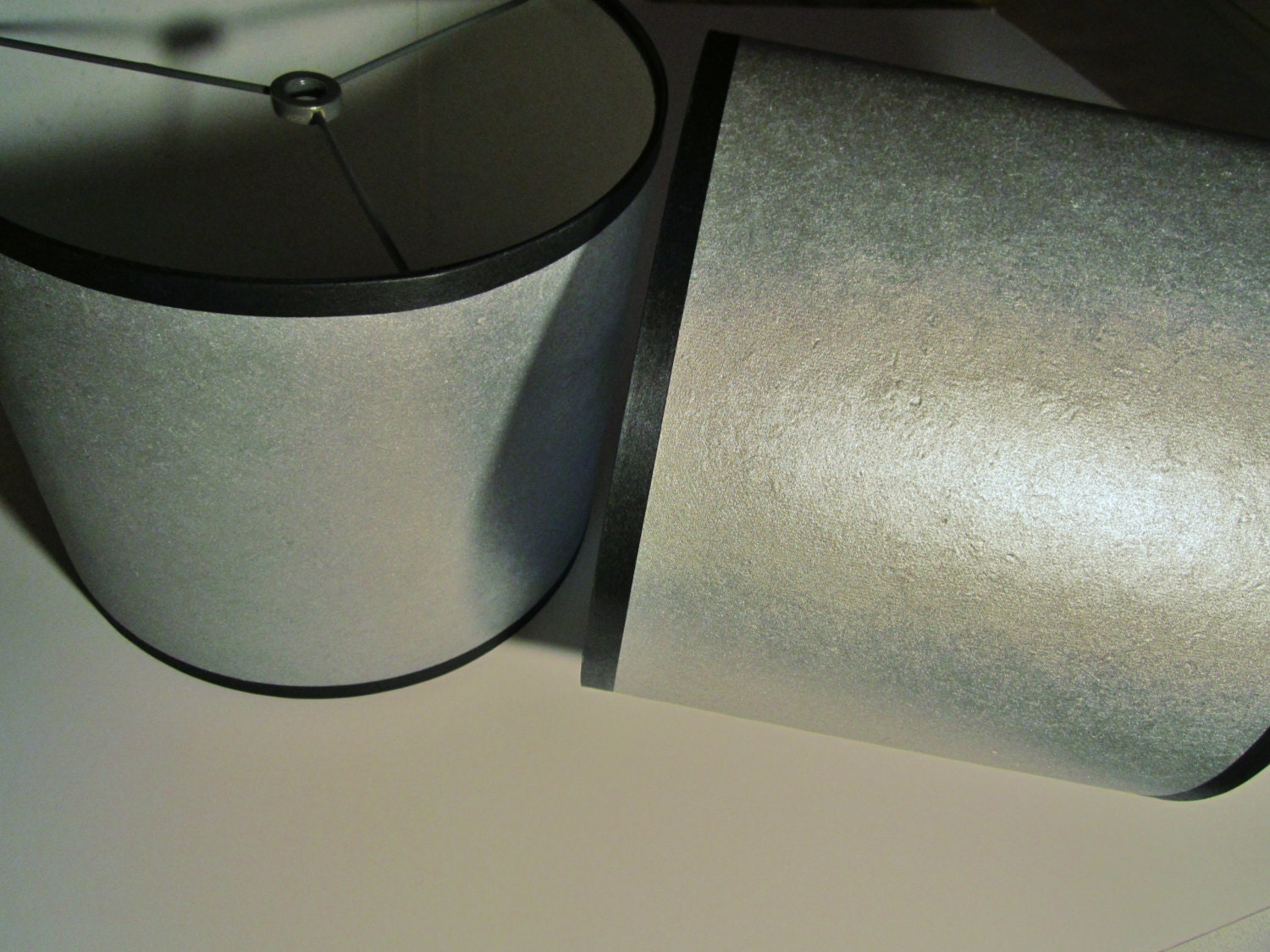 2 Metallic silver paper lamp shades, textured drum shades PAIR of matching shades