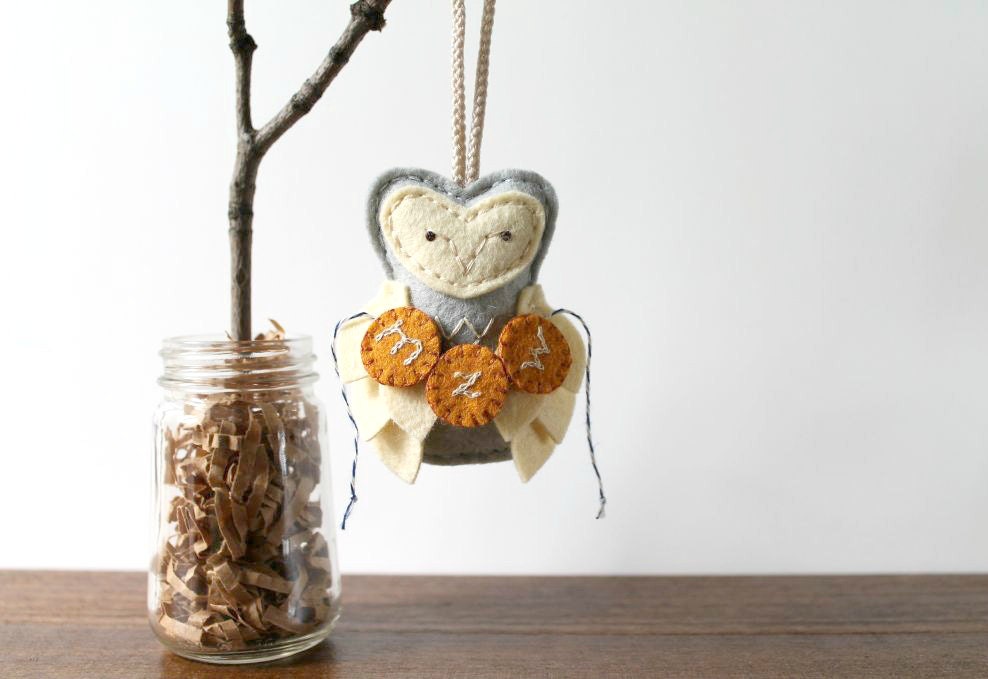 Personalized Owl // Felt Ornament // Initials // Gray, Cream, and Butterscotch //  Baby's 1st Christmas // Handmade by OrdinaryMommy on Etsy