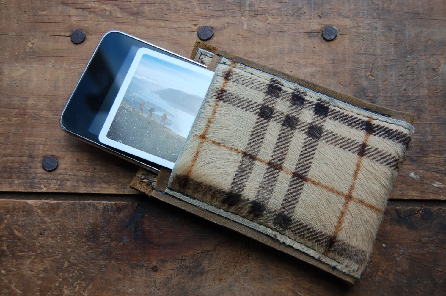 fuzzy plaid repurposed leather phone sleeve