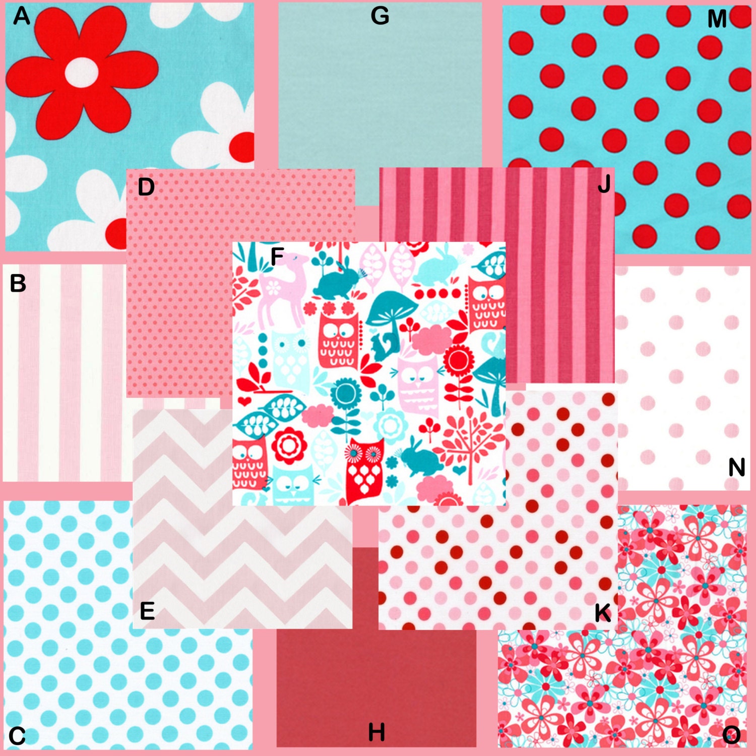 Aqua, Pink and Red Custom Crib Bedding - Choose Your own Fabrics