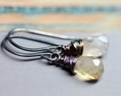 Yellow Citrine Earrings Rustic Copper Wire Wrapped Silver Mixed Metal Earrings Yellow Gemstone Earrings Fall Fashion