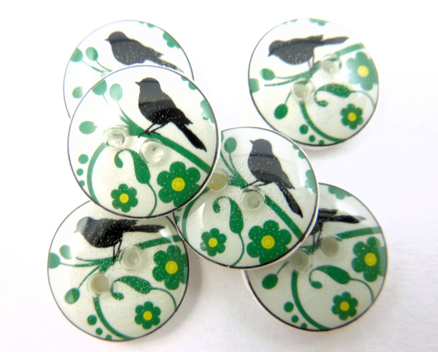 6 SMALL Bird Buttons. White and Green Bird Handmade Buttons. Bird Sewing Buttons. 1/2" or 15 mm.