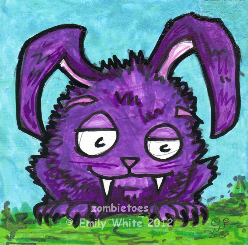Sid the Saber Bunny purple Cartoon Rabbit lowbrow Original Painting silly art Square acrylic fun