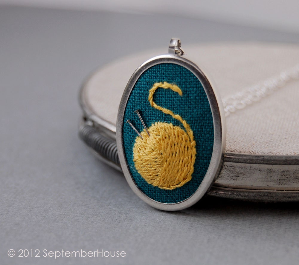 Hand Embroidered Pendant Necklace Itty Knitty Yarn Necklace in Lemon Yellow on Dark Teal Linen