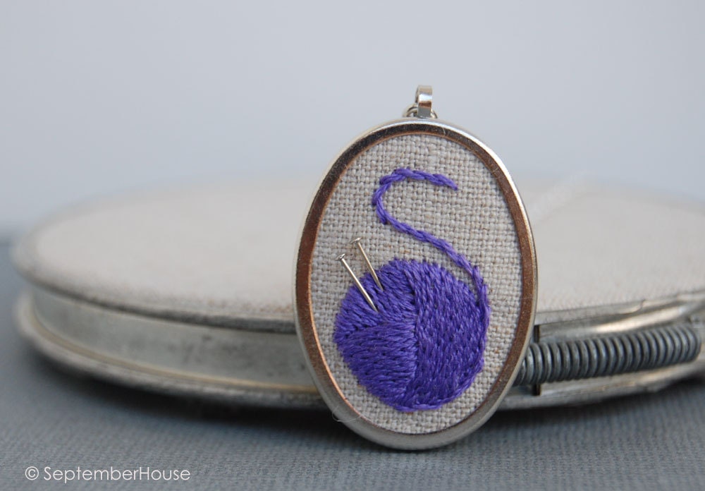 Embroidered Jewelry, Hand Embroidered Itty Knitty Ball of Yarn Necklace in Lilac