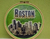 Embroidery  Wall Art Hoop Boston  on canvas green  tones vintage gold