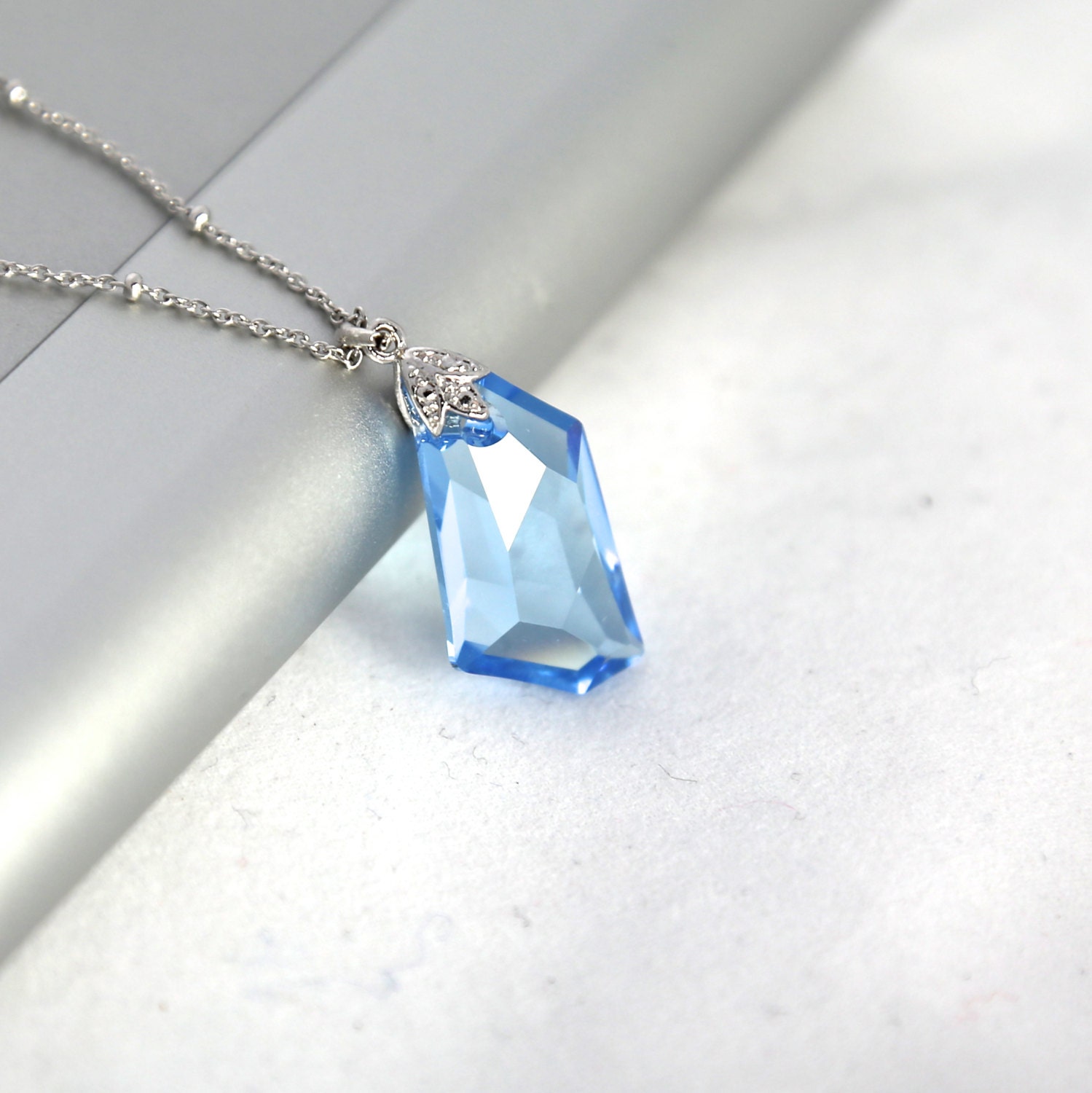 Wedding Necklace, Sterling Silver, Crystal, Handmade, Aquamarine Swarovski Pendant,Handmade, Bridesmaid Gift, Prom, Party, Holiday