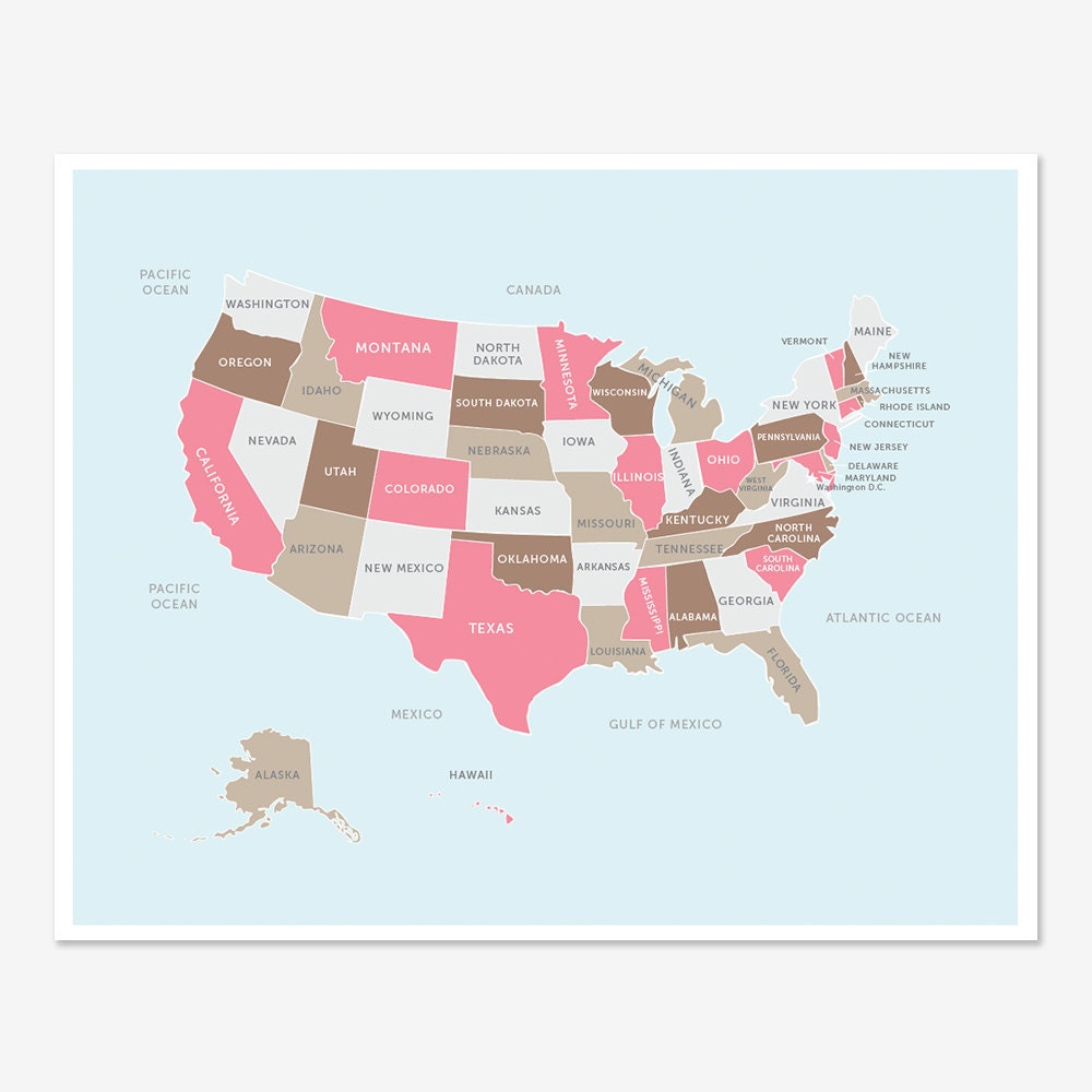 Map of The United States (pinks and browns)