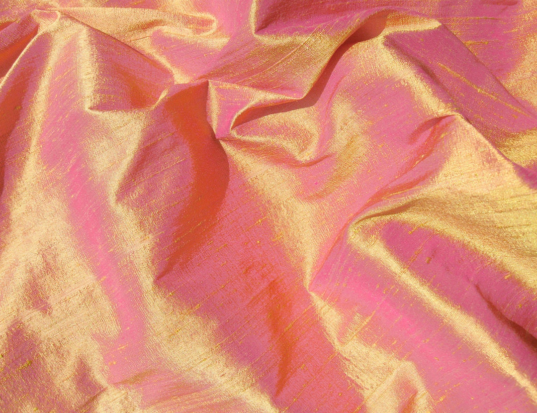 Yellow Gold Fuchsia Pink Iridescent Silk Dupioni Fabric Dupioni Silk Remnant 21 x 13