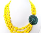 Yellow Statement Necklace - 3 Strands - Asymmetrical - Silver Bar Clasp - Yellow and Turquoise - Chunky Yellow Necklace