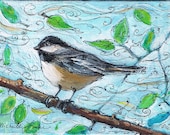 Chickadee Painting   Blustery Day 5 x 7 Original Acrylic Painting on Canvas Panel