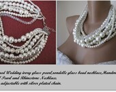 Chunky layered Wedding ivory glass pearl,rondelle glass bead necklace,Handmade Wedding  chain, Bridal  Pearl and Rhinestone Necklace