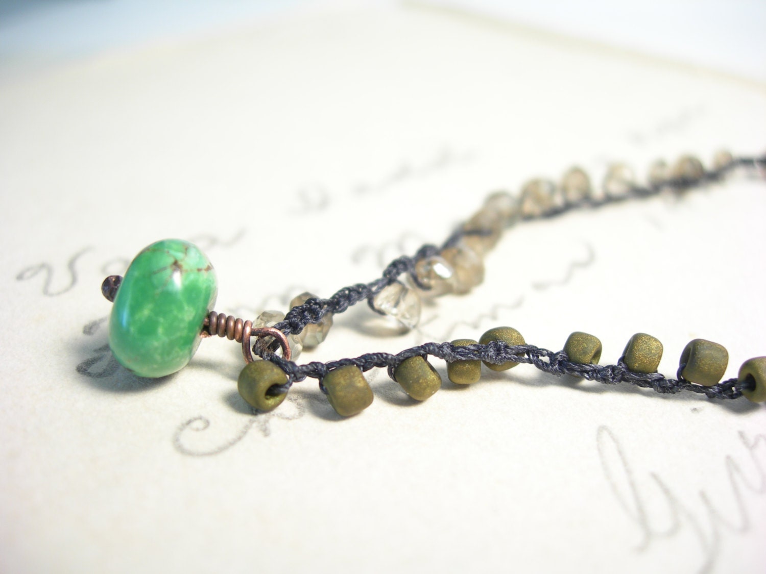 Crocheted wrap bracelet turquoise forest green glass brass bohemain fashion