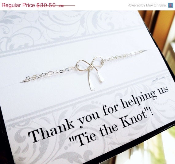 ON SALE Sterling silver bow NECKLACE & bridesmaid thank you card, Bridesmaid gift, bridesmaid necklace, tie the knot jewelry