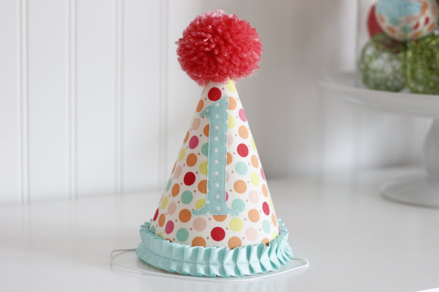 Colorful aqua and coral pink polka dot fabric birthday hat, party hat, cake smash photo prop, 1st birthday hat