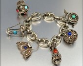 Art Deco Charm Bracelet Peruzzi Silver Etruscan Italy Vintage 1930s Art Deco Jewelry Glass Fob
