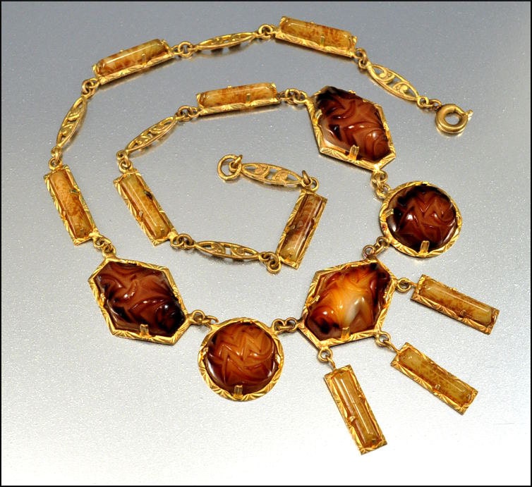 Art Deco Necklace Czech Glass Molded Gold Gilt Vintage 1920s Art Deco Jewelry Chocolate Slag