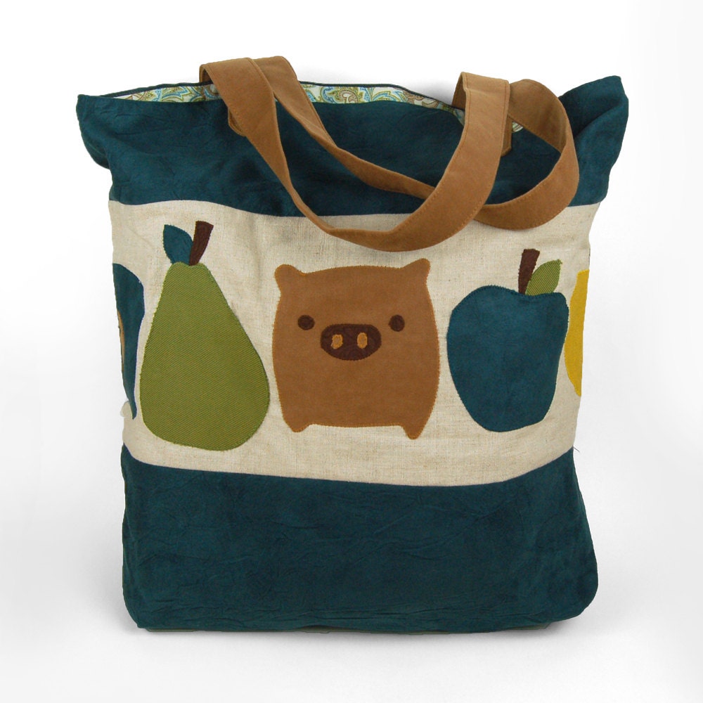 Teal Piggy Tote - Faux Suede Tote Bag with Pig Applique