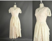 25% Off Sale Full Skirt Dress, Vintage 1950s Dress, 50s Dress embroidered cotton voile white wedding sheer