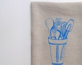 Tea Towel - Kitchen Tools in Peacock Blue on Natural Beige Linen