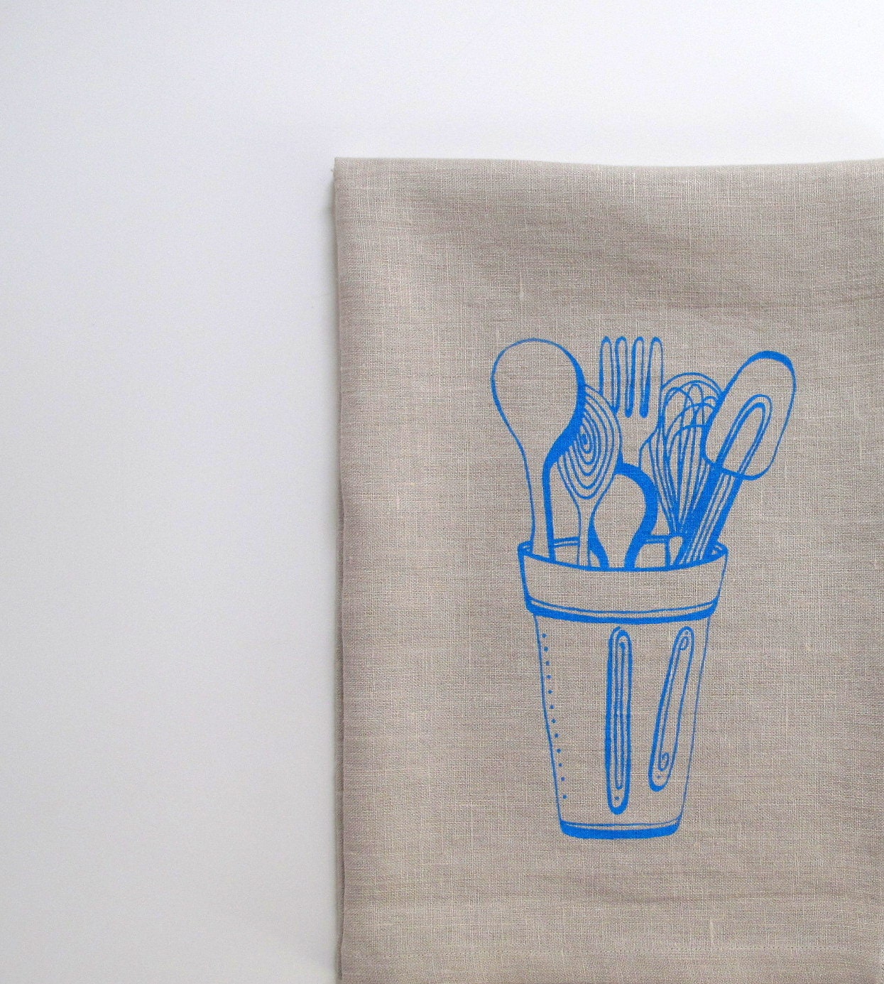 Tea Towel - Kitchen Tools in Peacock Blue on Natural Beige Linen