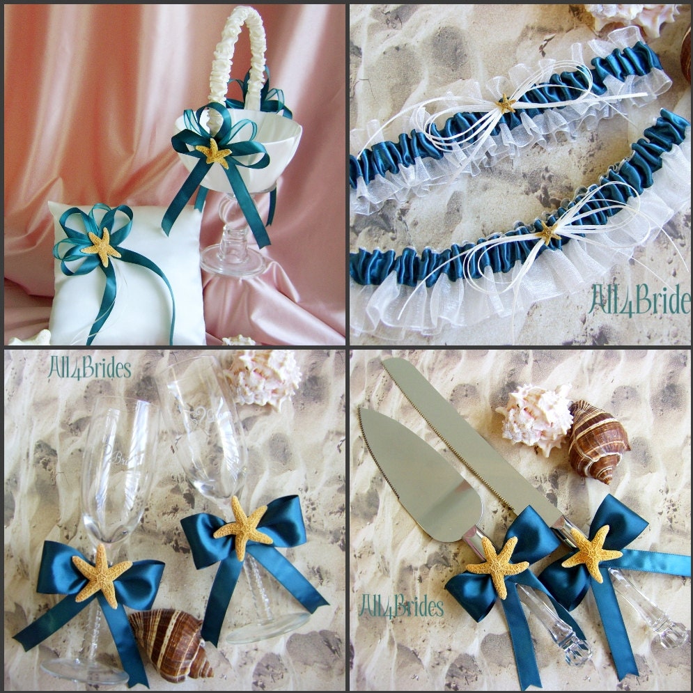 Starfish beach weddings - pillow basket garters cake set flutes - beach wedding accessories - custom colors