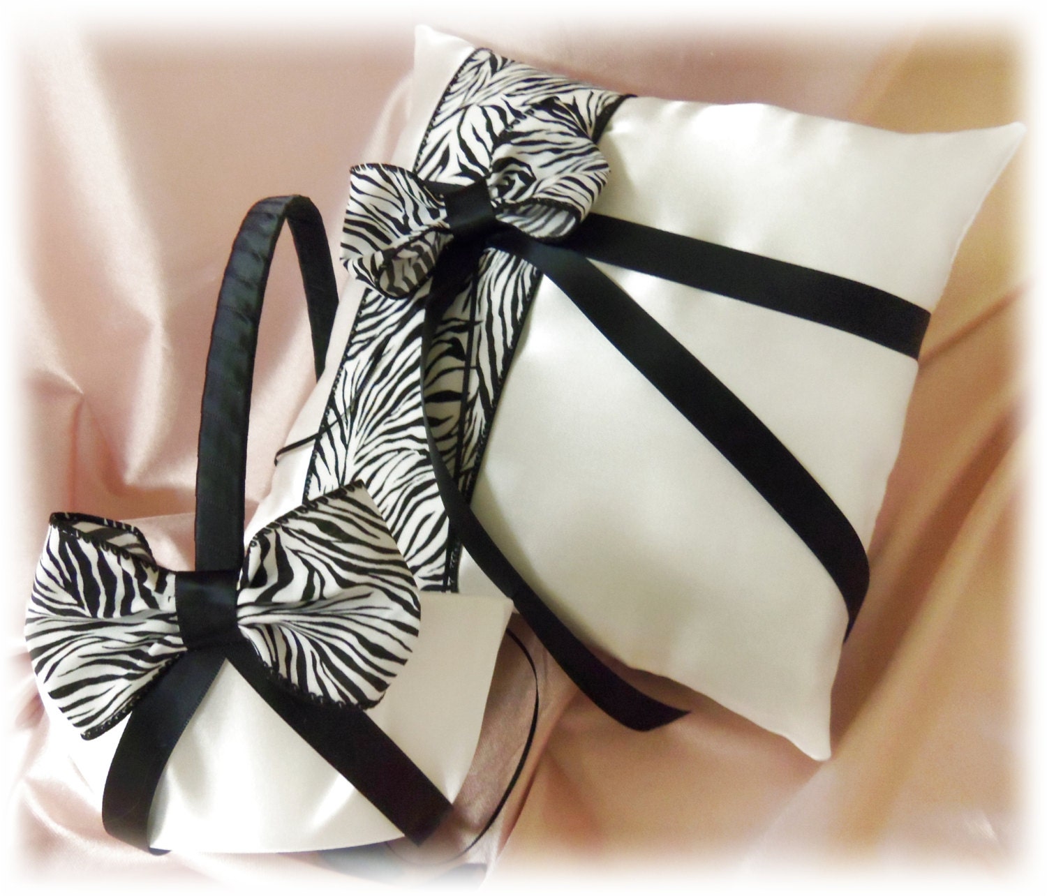 Zebra Ring Pillow Flower Girl Basket - Zebra Weddings Accessories - Ceremony Decor - Animal Print Wedding