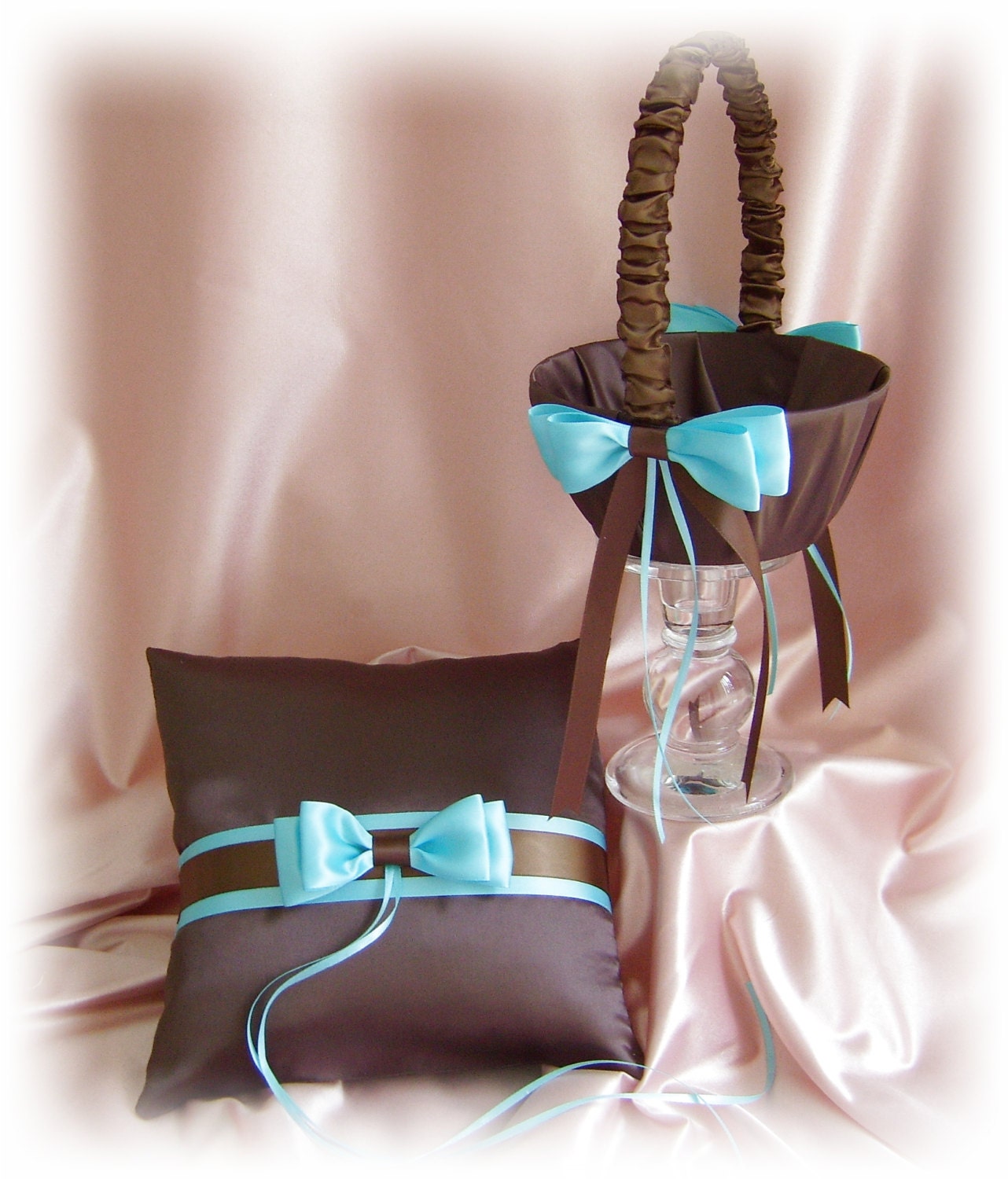 Wedding Basket Pillow - Chocolate brown aqua tiffany blue wedding accessories - flower girl basket ring bearer pillow - ceremony decor