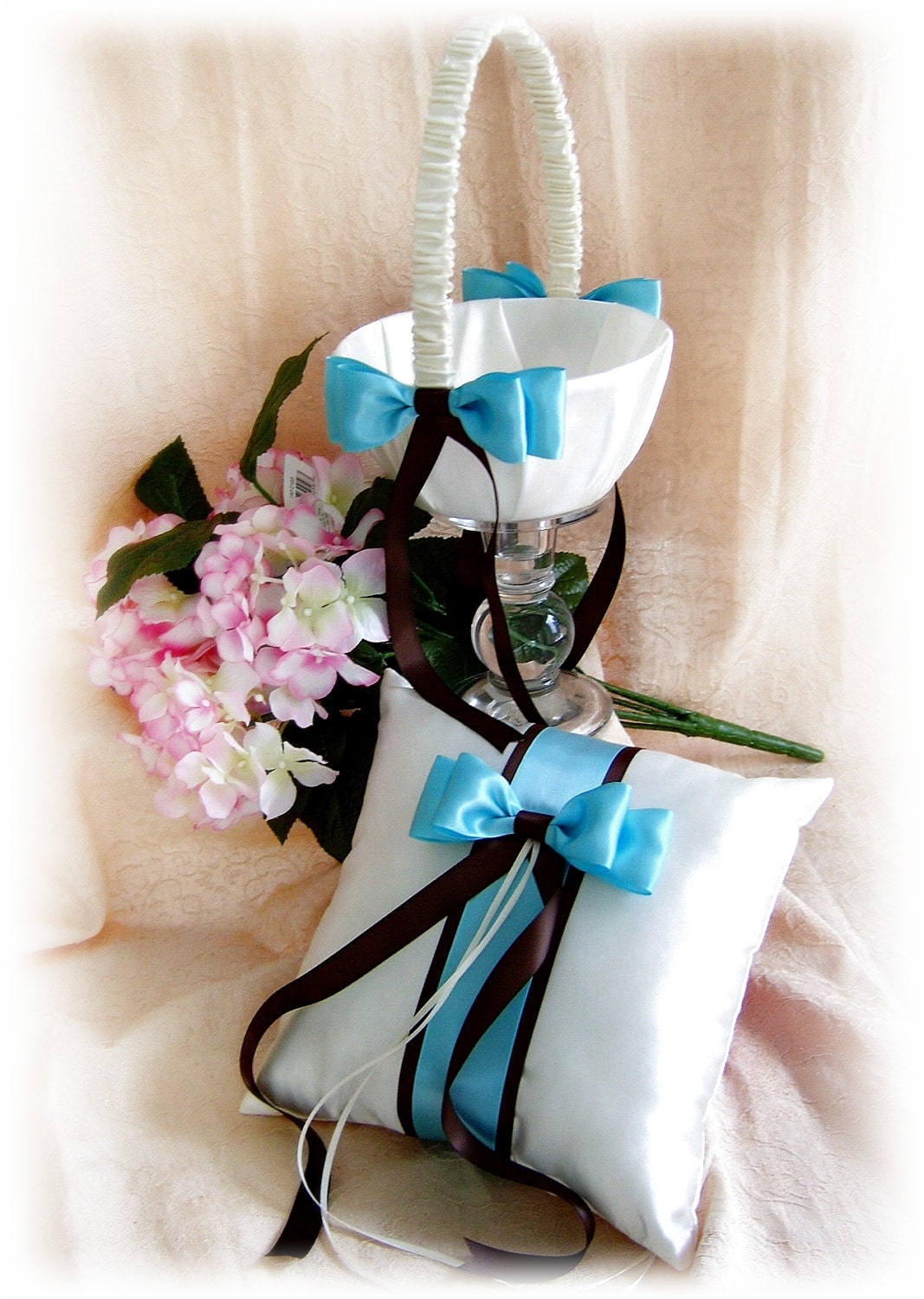 Turquoise and Chocolate Brown Wedding Basket Pillow - Wedding Ring Bearer Pillows - Wedding Flower Girl Basket - Ceremony Accessories Decor