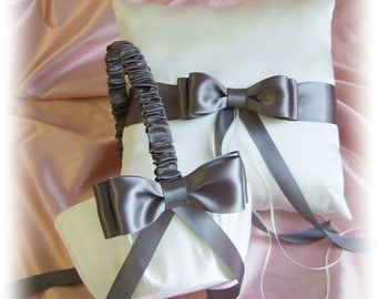 Wedding Flower Girl Basket and Ring Bearer Pillow  Dark Grey Pewter Wedding Colors