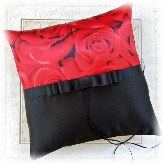Red Rose Wedding Pillow - Valentine's Wedding Ring Bearer Pillow - Black and Red Rose Pillow - Weddings Ceremony Decor