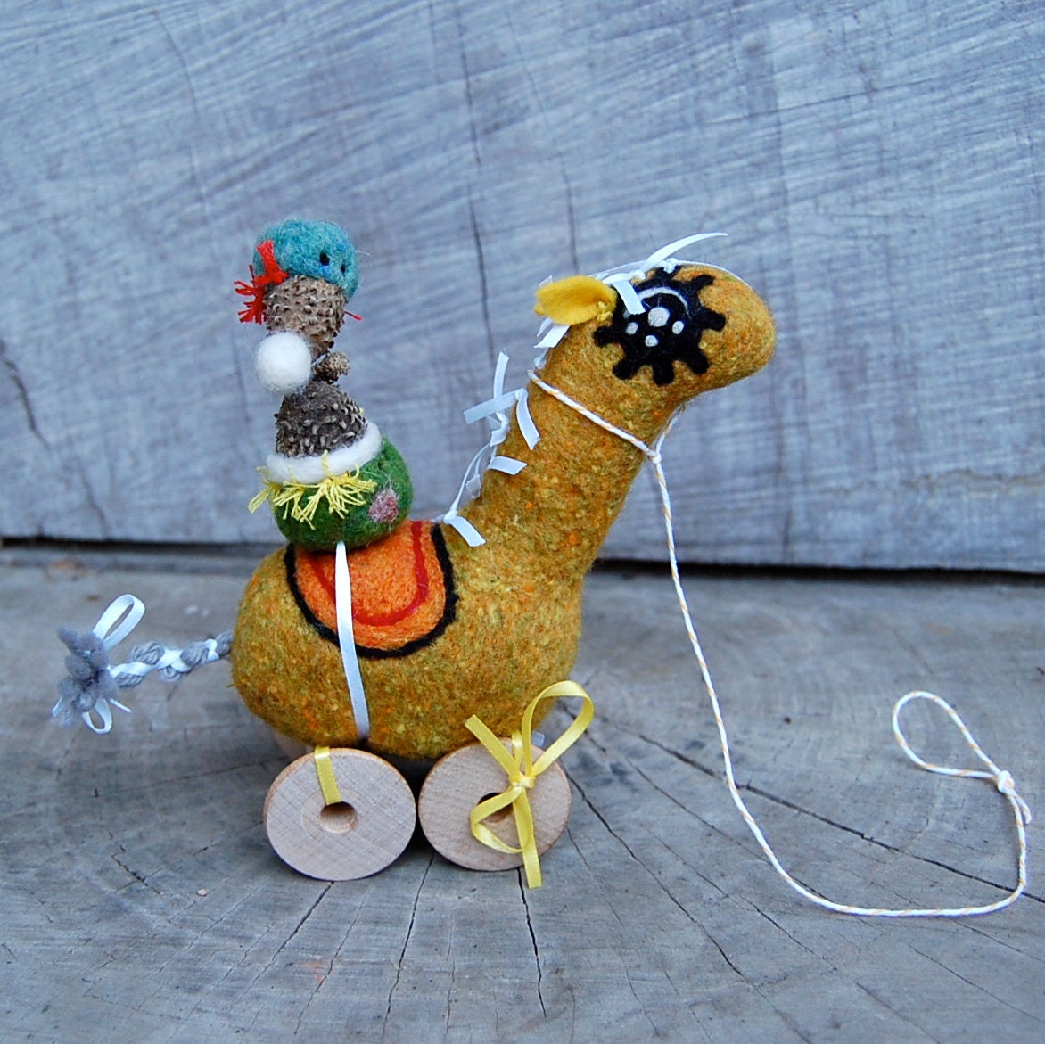 Needle Felted One of a Kind Toy Horse and Acorn Acrobat Riders