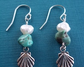 Scallop Shell Earrings, White Freshwater Pearl, Genuine Turquoise, Sterling Silver, French Ear Wires, 1 1/2 Inches, Beach, Ocean, Women