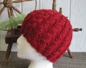 Adult Cabled Beanie. Hand Knitted Wool Hat. Dark Red. Crimson. Poppy Red.