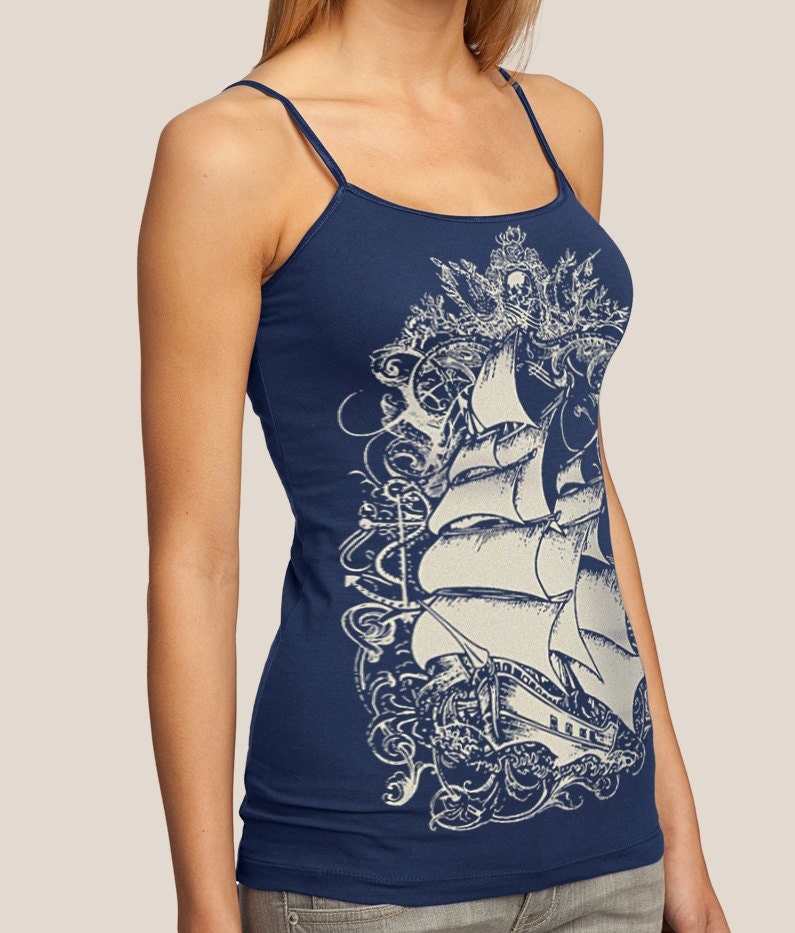 Women's PLUS SIZE tank top, Pirate Ship Old World Sailing Ship Blue Camisole Tank, 2X