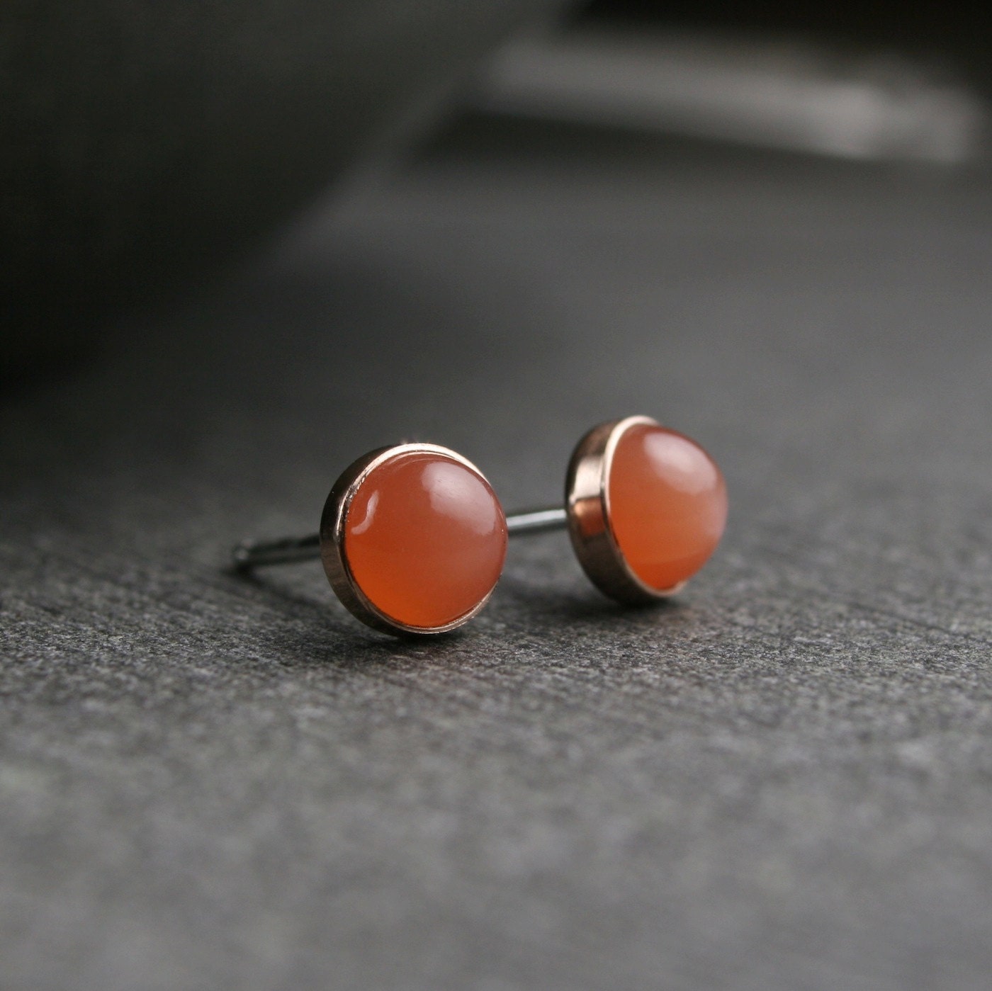Peach moonstone bezel set earrings in 14k rose gold bezels with sterling posts and backs - 5mm