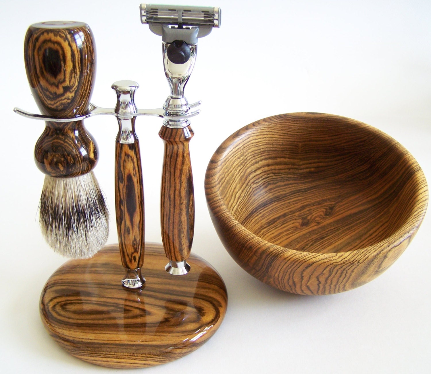 Bocote Wood Shaving Set:  Silvertip Badger Brush, Mach 3 Razor, Stand and Bowl (Handmade in USA)
