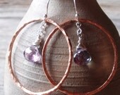 copper jewelry - hammered copper hoops and wire wrapped mystic quartz briolette earrings - artisan birthstone jewelry - made to order