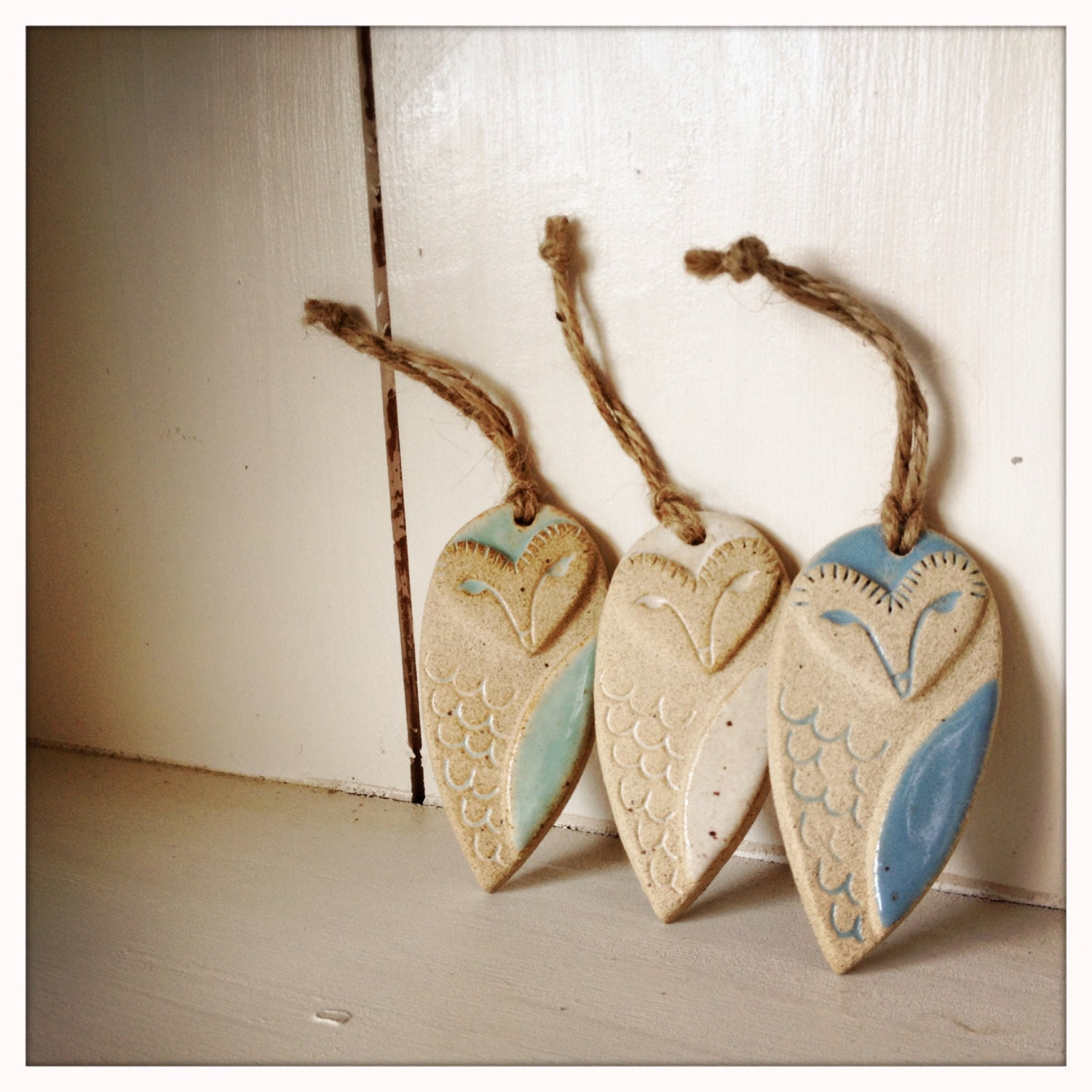 a trio of barn owl ornaments - sky colour combo (3)