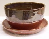Ceramic Planter with attached Saucer Tomato red and Green Wheel Thrown Stoneware Ceramics Pottery