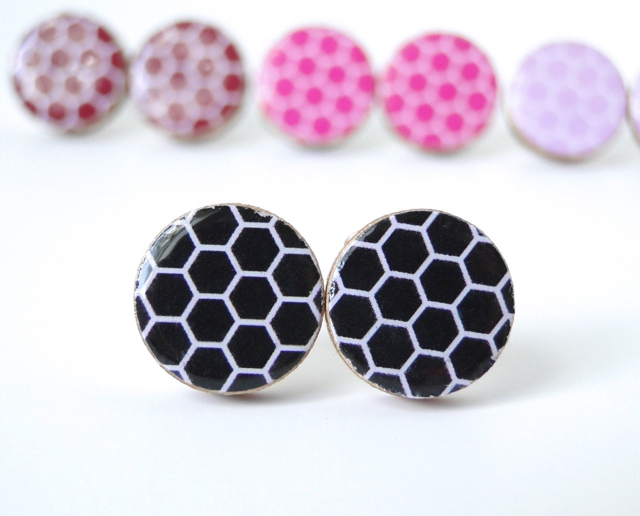 BLack Earrings, BLack Studs, BLack Honeycomb Earrings, Hexagon, Geometric, Bridesmaids, Birthday, Mothers day, Gift under 10