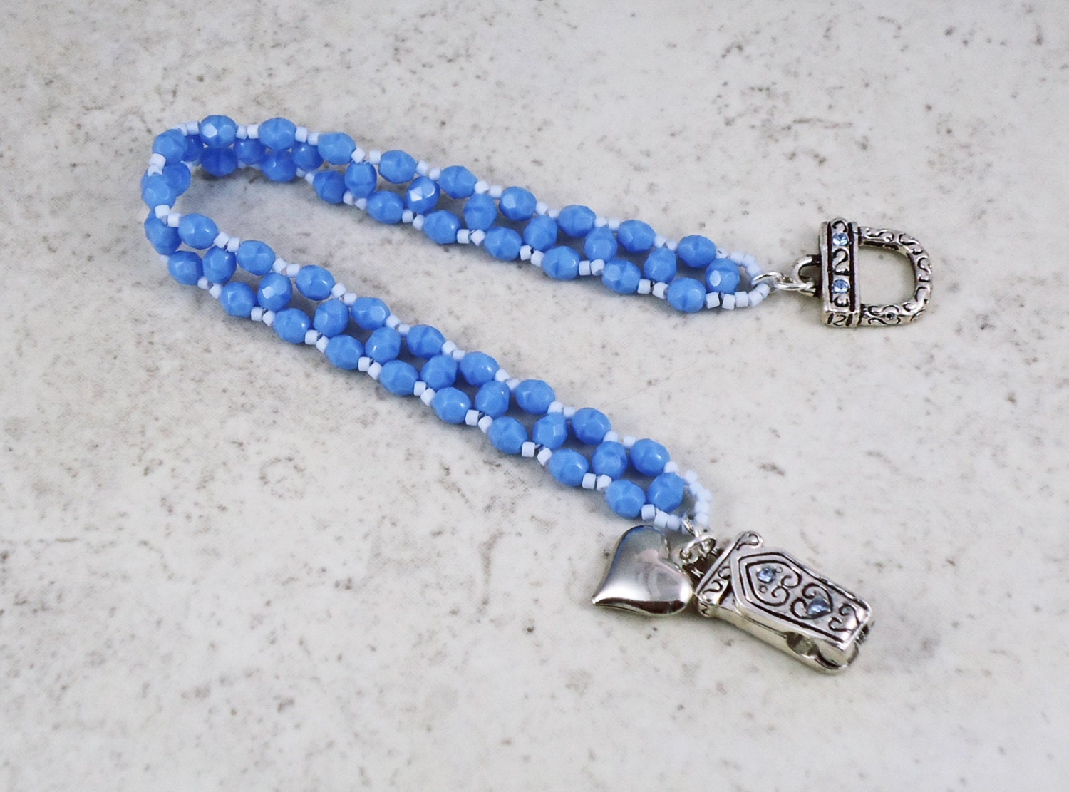 Baby Blue Beadwork Cuff Bracelet Magnetic Clasp Heart Right Angle Weave