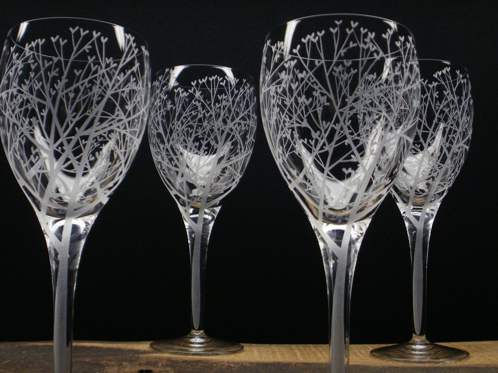 Four White Wine Glasses . 'Tree Of Love' . Hand Engraved . Wedding Party Gift . Shower Gift . Take 15% OFF At Checkout