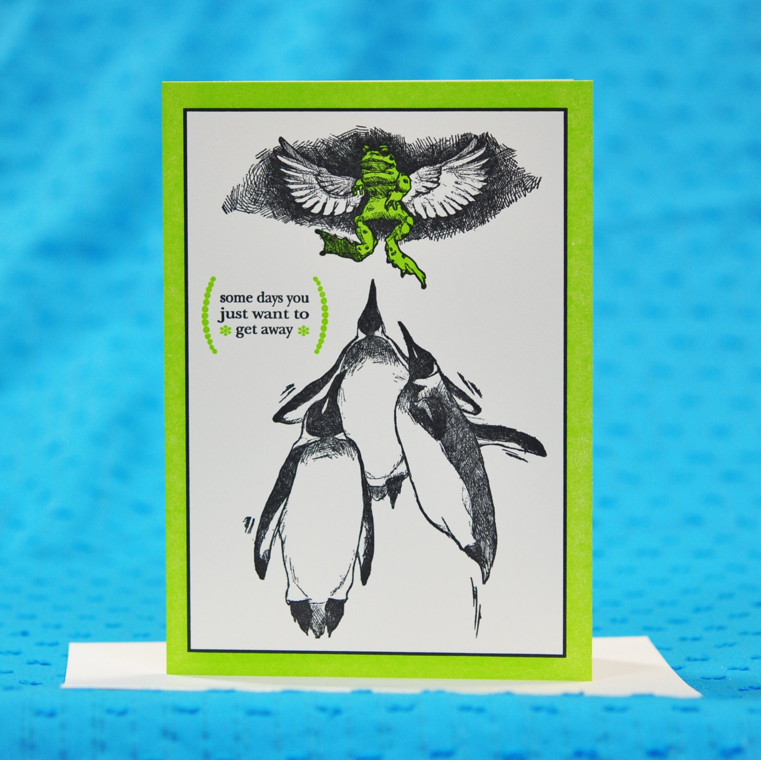 Winged Frog and Penguins : Get Away Letterpress Card
