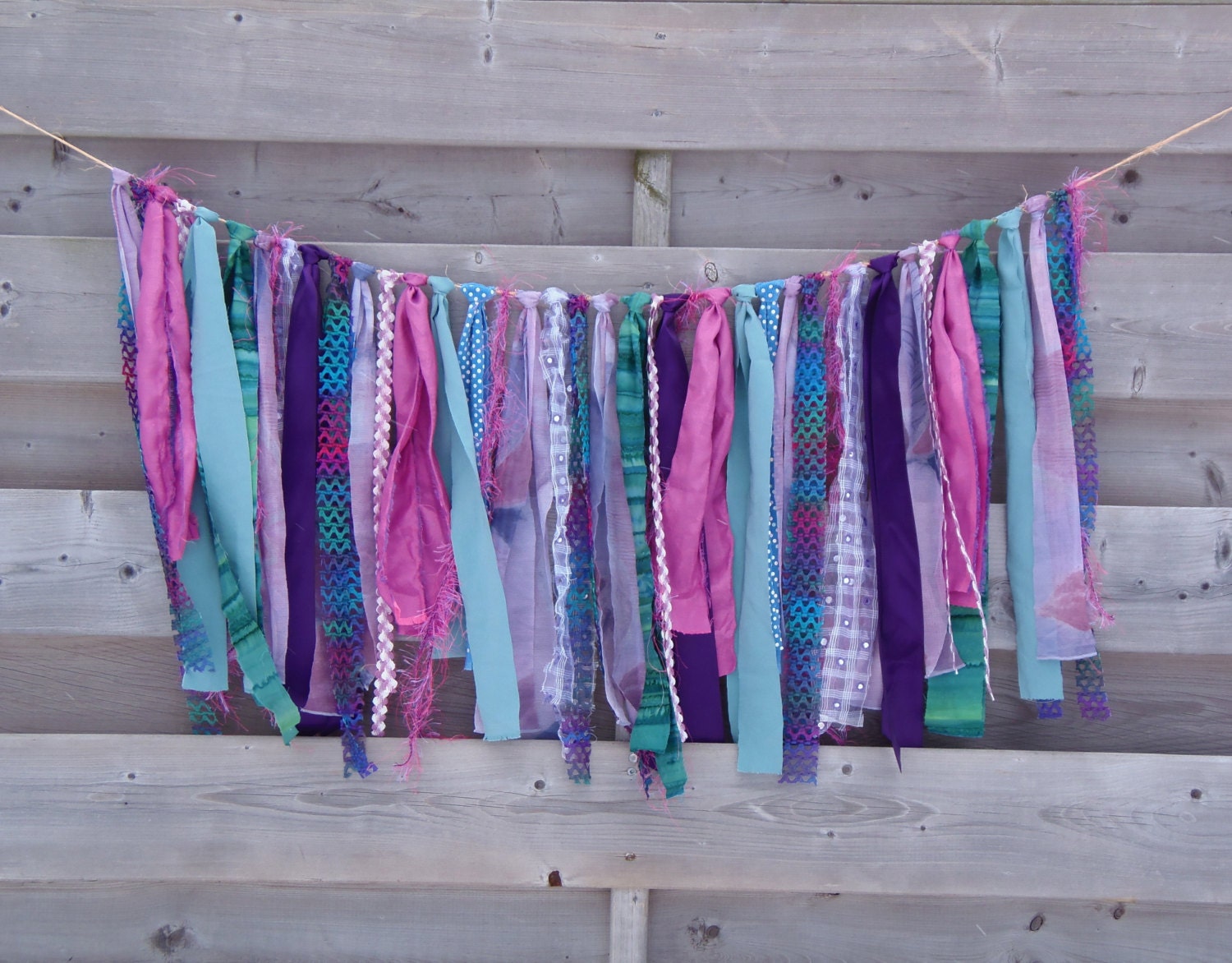 Wedding Garland, Purple Green and Blue, Rag Tie Banner, Repurposed Fabric Decor